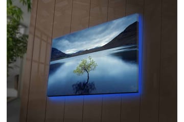 Lerretsbilde med LED-belysning - Ensom tretopp speilet i stille vann - Mørk blå / Grønn / Grå - Interiør - Maleri & posters - Lerretsbilder