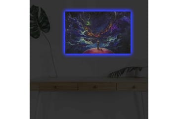 Lerretsbilde med LED-belysning - Fantastisk romscene med en mann og en hund p å en planet - Lilla / Blå / Rosa - Interiør - Maleri & posters - Lerretsbilder
