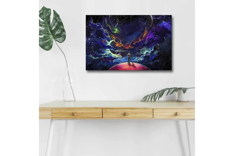 Lerretsbilde med LED-belysning - Fantastisk romscene med en mann og en hund på en planet, Lilla / Blå / Rosa