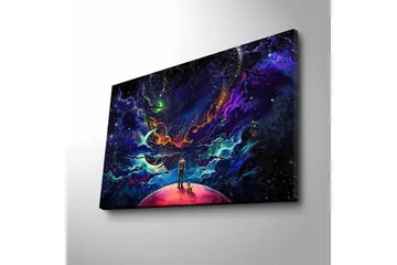 Lerretsbilde med LED-belysning - Fantastisk romscene med en mann og en hund på en planet - Lilla / Blå / Rosa - Interiør - Maleri & posters - Lerretsbilder