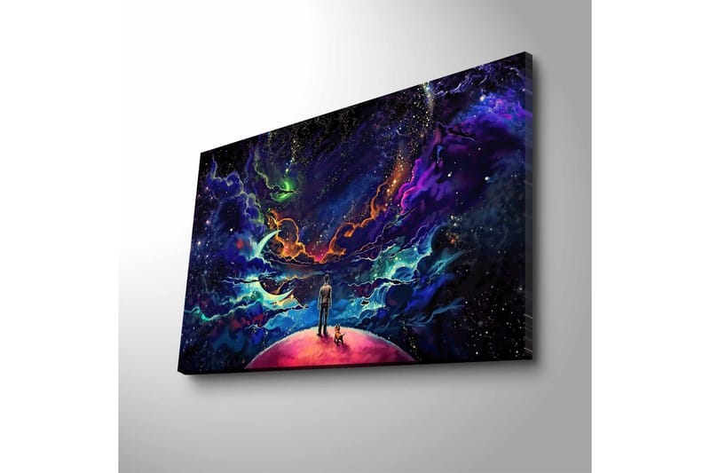 Lerretsbilde med LED-belysning - Fantastisk romscene med en mann og en hund på en planet - Lilla / Blå / Rosa - Interiør - Maleri & posters - Lerretsbilder