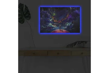 Lerretsbilde med LED-belysning - Fantastisk romscene med en mann og en hund på en planet - Lilla / Blå / Rosa - Interiør - Maleri & posters - Lerretsbilder