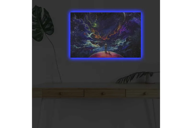 Lerretsbilde med LED-belysning - Fantastisk romscene med en mann og en hund på en planet - Lilla / Blå / Rosa - Interiør - Maleri & posters - Lerretsbilder