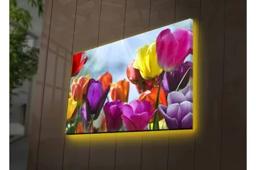 Lerretsbilde med LED-belysning - Fargerik bukett med tulipaner - Lilla / Rød / Gul - Interiør - Maleri & posters - Lerretsbilder