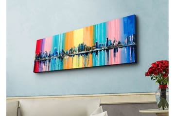 Lerretsbilde med LED-belysning - Fargerik bybilde med skyline og refleksjoner i vann - Blå / Rosa / Oransje - Interiør - Maleri & posters - Lerretsbilder