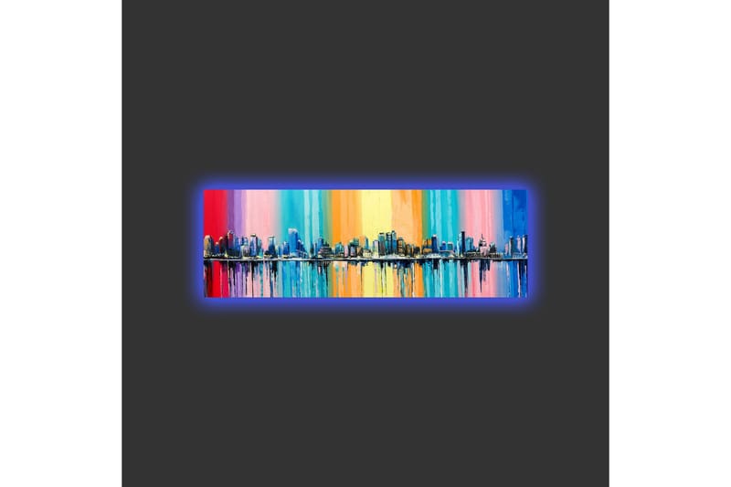 Lerretsbilde med LED-belysning - Fargerik bybilde med skyline og refleksjoner i vann - Blå / Rosa / Oransje - Interiør - Maleri & posters - Lerretsbilder