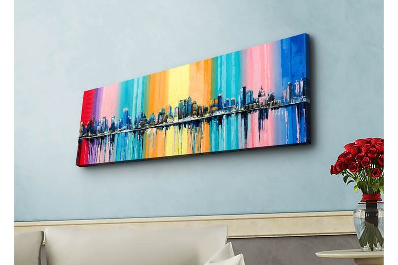 Lerretsbilde med LED-belysning - Fargerik bybilde med skyline og refleksjoner i vann - Blå / Rosa / Oransje - Interiør - Maleri & posters - Lerretsbilder