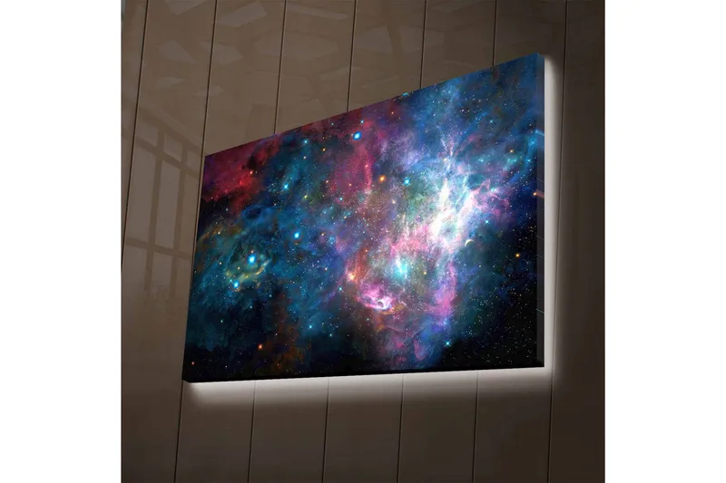 Lerretsbilde med LED-belysning - Fargerik galakse med stjerner og tåker, Blå / Lilla / Rød