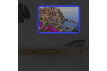 Lerretsbilde med LED-belysning - Fargerik kystlandsby med fargerike hus og havutsikt - Lilla / Oransje / Blå - Interiør - Maleri & posters - Lerretsbilder