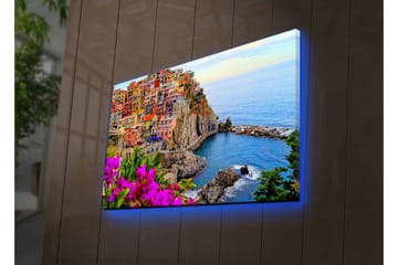 Lerretsbilde med LED-belysning - Fargerik kystlandsby med fargerike hus og havutsikt - Lilla / Oransje / Blå - Interiør - Maleri & posters - Lerretsbilder