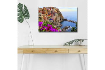 Lerretsbilde med LED-belysning - Fargerik kystlandsby med fargerike hus og havutsikt - Lilla / Oransje / Blå - Interiør - Maleri & posters - Lerretsbilder