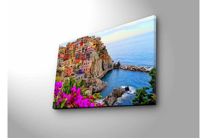 Lerretsbilde med LED-belysning - Fargerik kystlandsby med fargerike hus og havutsikt - Lilla / Oransje / Blå - Interiør - Maleri & posters - Lerretsbilder