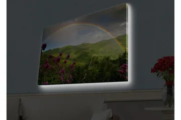 Lerretsbilde med LED-belysning - Fargerik regnbue over grønne fjell og blomster - Grønn / Lilla / Blå - Interiør - Maleri & posters - Lerretsbilder