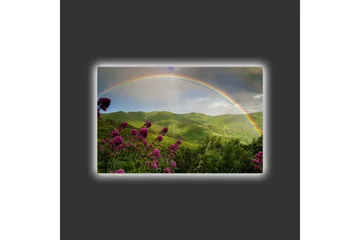 Lerretsbilde med LED-belysning - Fargerik regnbue over grønne fjell og blomster - Grønn / Lilla / Blå - Interiør - Maleri & posters - Lerretsbilder