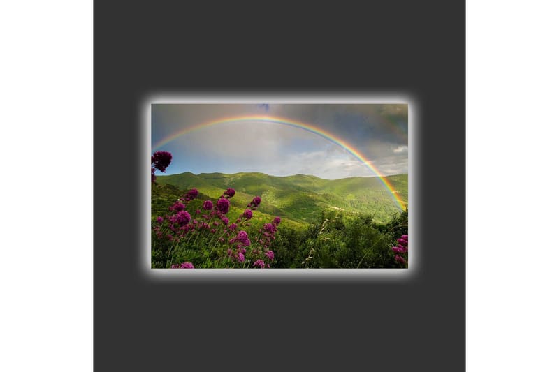 Lerretsbilde med LED-belysning - Fargerik regnbue over grønne fjell og blomster - Grønn / Lilla / Blå - Interiør - Maleri & posters - Lerretsbilder