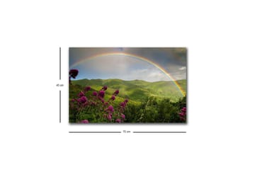 Lerretsbilde med LED-belysning - Fargerik regnbue over grønne fjell og blomster - Grønn / Lilla / Blå - Interiør - Maleri & posters - Lerretsbilder