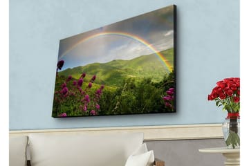 Lerretsbilde med LED-belysning - Fargerik regnbue over grønne fjell og blomster - Grønn / Lilla / Blå - Interiør - Maleri & posters - Lerretsbilder