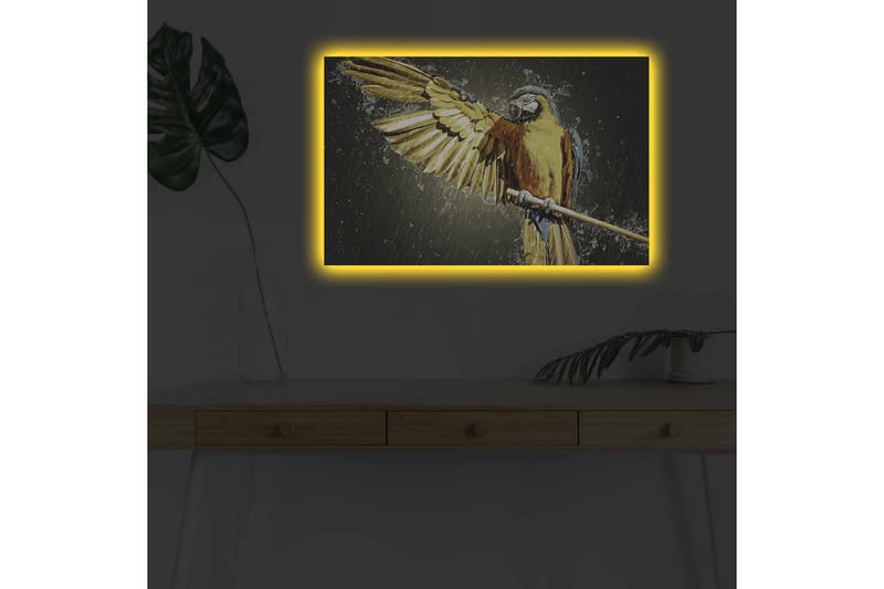 Lerretsbilde med LED-belysning - Fargerik papegøye med utstrakte vinger - Gull / Blå / Grønn - Interiør - Maleri & posters - Lerretsbilder