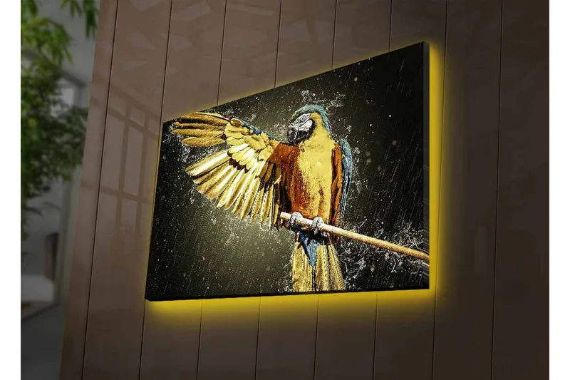 Lerretsbilde med LED-belysning - Fargerik papegøye med utstrakte vinger - Gull / Blå / Grønn - Interiør - Maleri & posters - Lerretsbilder