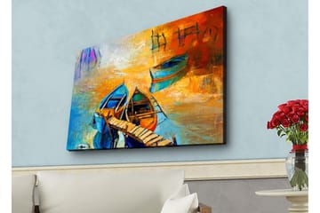 Lerretsbilde med LED-belysning - Fargerike båter ved en brygge i en solnedgang - Blå / Oransje / Gul - Interiør - Maleri & posters - Lerretsbilder