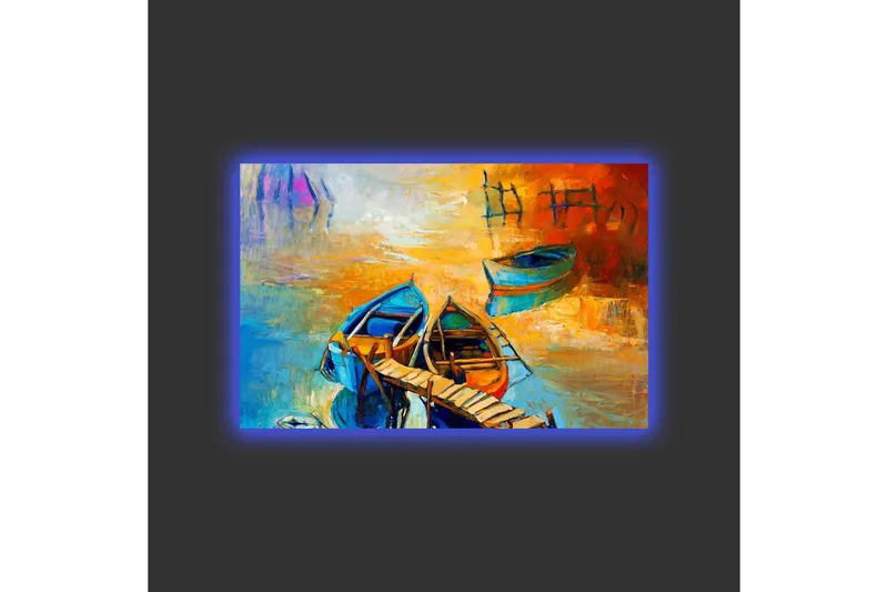Lerretsbilde med LED-belysning - Fargerike båter ved en brygge i en solnedgang - Blå / Oransje / Gul - Interiør - Maleri & posters - Lerretsbilder