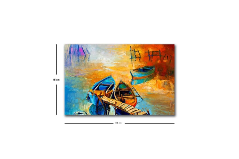 Lerretsbilde med LED-belysning - Fargerike båter ved en brygge i en solnedgang - Blå / Oransje / Gul - Interiør - Maleri & posters - Lerretsbilder