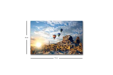 Lerretsbilde med LED-belysning - Fargerike varmluftsballonger som svever over et fjelllandskap med solnedgang - Gull / Blå / Oransje - Interiør - Maleri & posters - Lerretsbilder