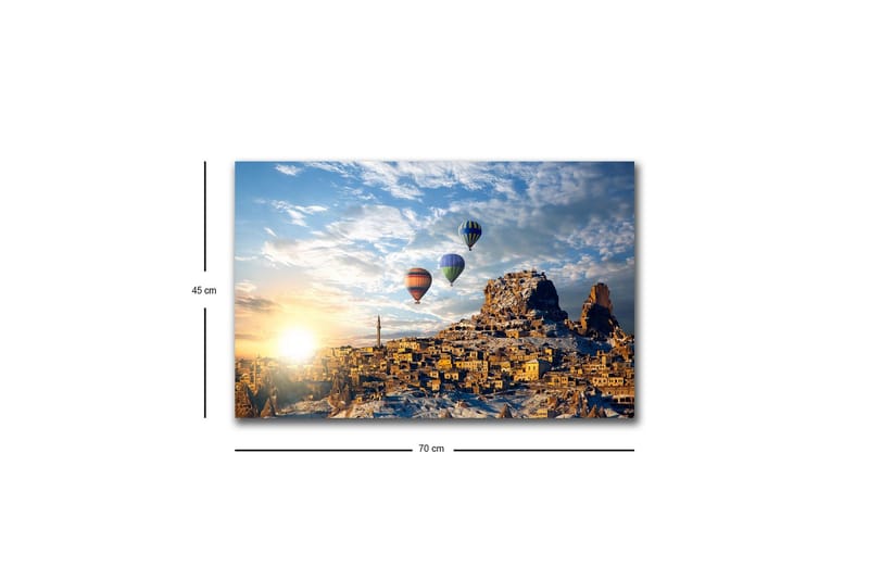 Lerretsbilde med LED-belysning - Fargerike varmluftsballonger som svever over et fjelllandskap med solnedgang - Gull / Blå / Oransje - Interiør - Maleri & posters - Lerretsbilder