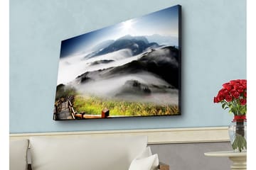 Lerretsbilde med LED-belysning - Fjelllandskap med tåke og solstråler - Grønn / Blå / Hvit - Interiør - Maleri & posters - Lerretsbilder
