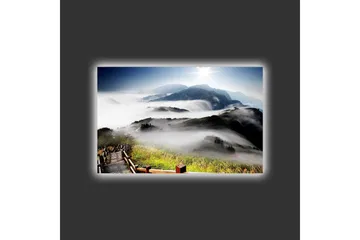 Lerretsbilde med LED-belysning - Fjelllandskap med tåke og solstråler - Grønn / Blå / Hvit - Interiør - Maleri & posters - Lerretsbilder