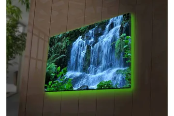 Lerretsbilde med LED-belysning - Foss omgitt av frodig grøntområde - Grønn / Blå / Hvit - Interiør - Maleri & posters - Lerretsbilder