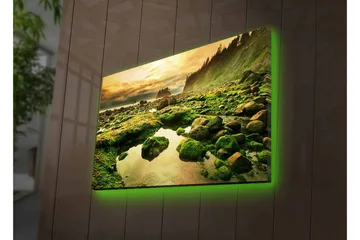 Lerretsbilde med LED-belysning - Frodig kystlandskap med klipper og speillignende vannpytter - Grønn / Brun / Gul - Interiør - Maleri & posters - Lerretsbilder