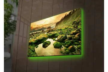 Lerretsbilde med LED-belysning - Frodig kystlandskap med klipper og speillignende vannpytter - Grønn / Brun / Gul - Interiør - Maleri & posters - Lerretsbilder