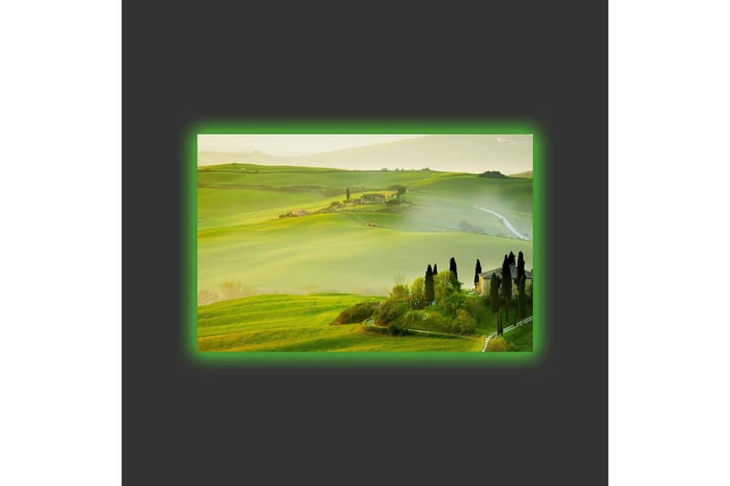 Lerretsbilde med LED-belysning - Frodig landskap med bølgende grønne åser og sypresser - Grønn / Lys grønn / Brun - Interiør - Maleri & posters - Lerretsbilder
