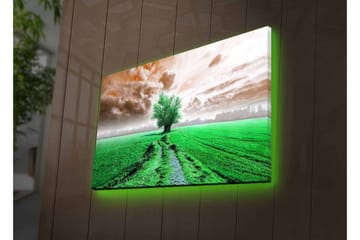 Lerretsbilde med LED-belysning - Frodig landskap med en enslig tretopp i horisonten - Grønn / Brun / Grå - Interiør - Maleri & posters - Lerretsbilder