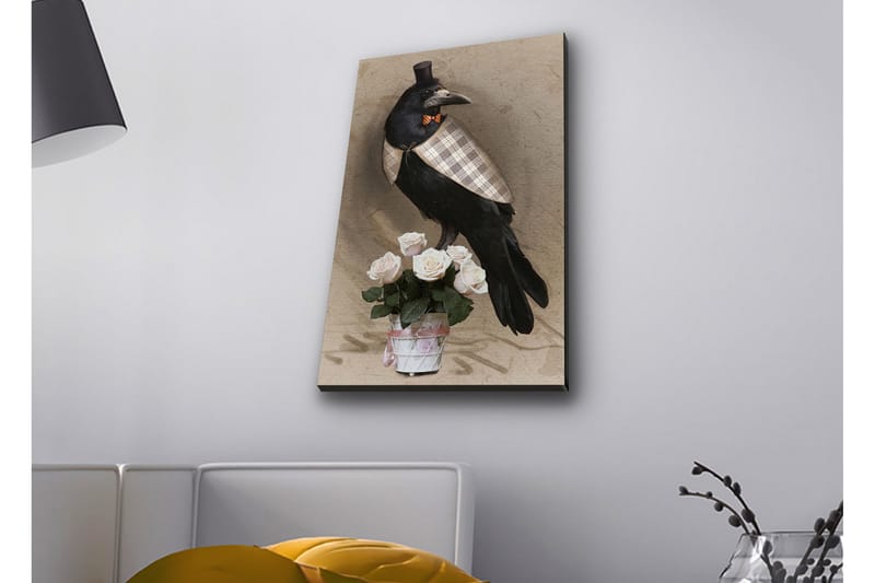 Lerretsbilde med LED-belysning - Fugl i elegant antrekk med en rosebukett - Svart / Lys rosa / Beige - Interiør - Maleri & posters - Lerretsbilder