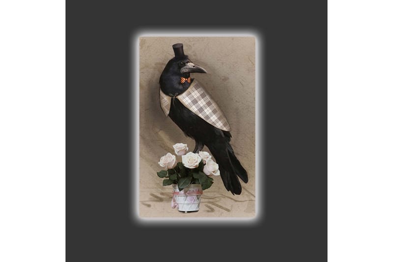 Lerretsbilde med LED-belysning - Fugl i elegant antrekk med en rosebukett - Svart / Lys rosa / Beige - Interiør - Maleri & posters - Lerretsbilder