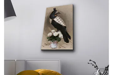 Lerretsbilde med LED-belysning - Fugl i elegant antrekk med en rosebukett - Svart / Lys rosa / Beige - Interiør - Maleri & posters - Lerretsbilder