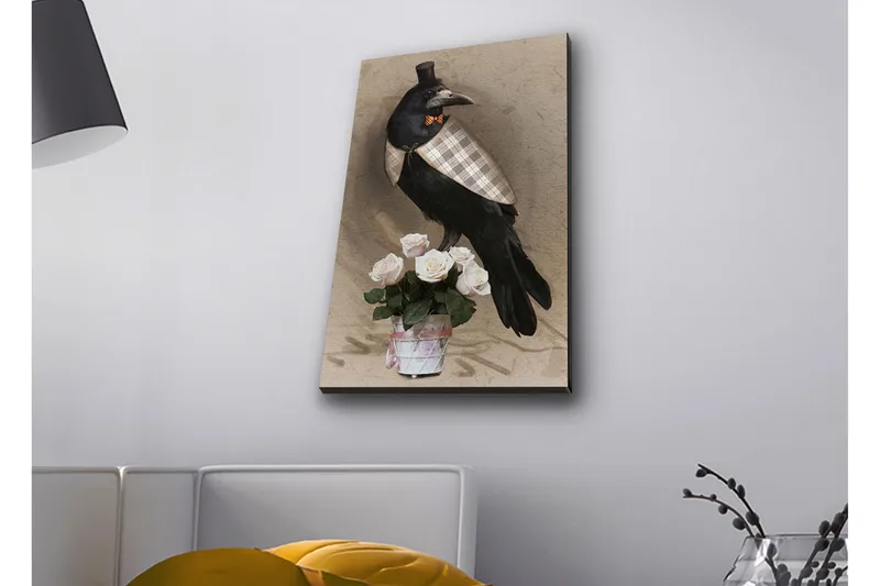 Lerretsbilde med LED-belysning - Fugl i elegant antrekk med en rosebukett - Svart / Lys rosa / Beige - Interiør - Maleri & posters - Lerretsbilder