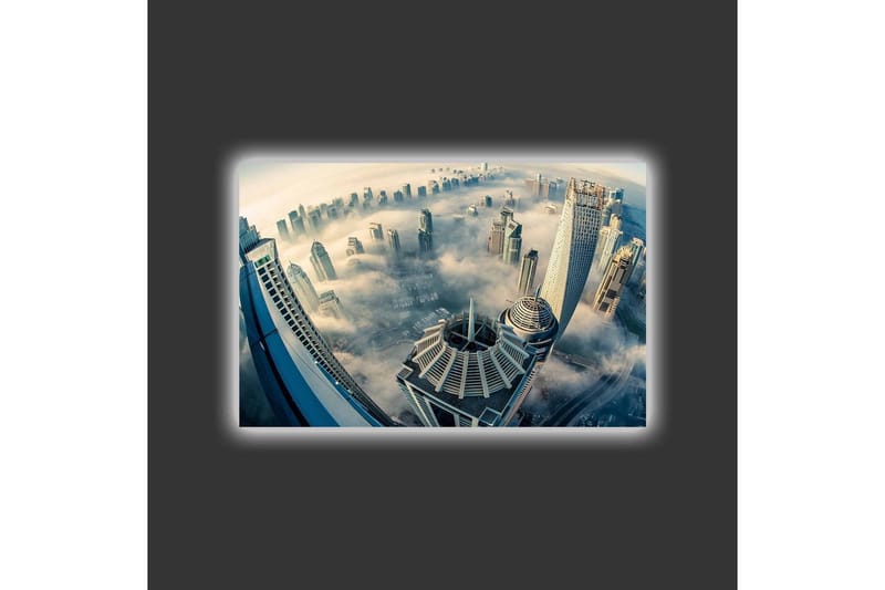 Lerretsbilde med LED-belysning - Futuristisk bybilde med høye skyskrapere i tåke - Grå / Blå / Beige - Interiør - Maleri & posters - Lerretsbilder