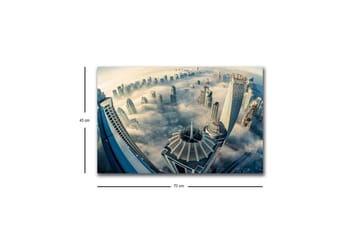 Lerretsbilde med LED-belysning - Futuristisk bybilde med høye skyskrapere i tåke - Grå / Blå / Beige - Interiør - Maleri & posters - Lerretsbilder