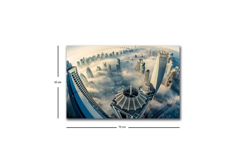 Lerretsbilde med LED-belysning - Futuristisk bybilde med høye skyskrapere i tåke - Grå / Blå / Beige - Interiør - Maleri & posters - Lerretsbilder