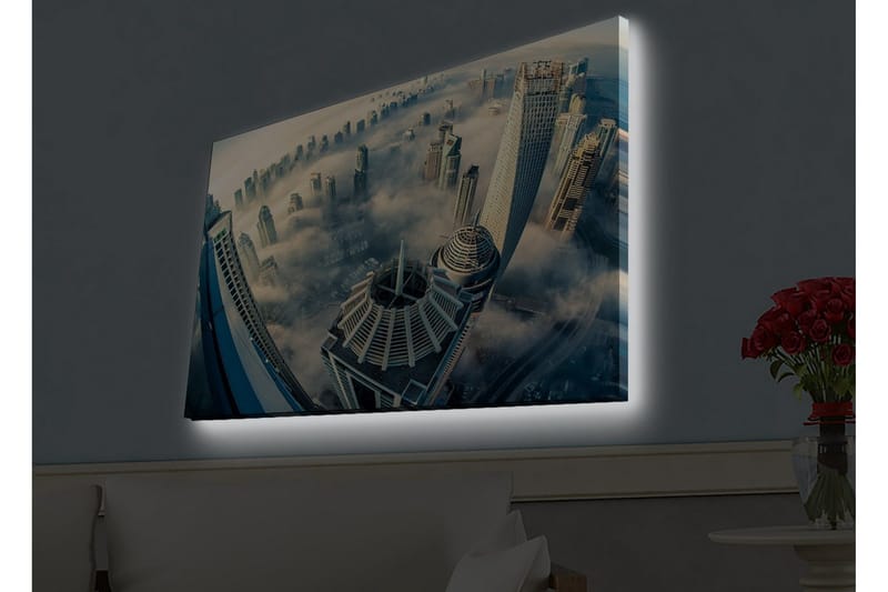 Lerretsbilde med LED-belysning - Futuristisk bybilde med høye skyskrapere i tåke, Grå / Blå / Beige