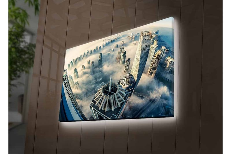 Lerretsbilde med LED-belysning - Futuristisk bybilde med skyskrapere i tåke - Grå / Blå / Hvit - Interiør - Maleri & posters - Lerretsbilder