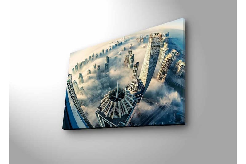 Lerretsbilde med LED-belysning - Futuristisk bybilde med skyskrapere i tåke - Grå / Blå / Hvit - Interiør - Maleri & posters - Lerretsbilder