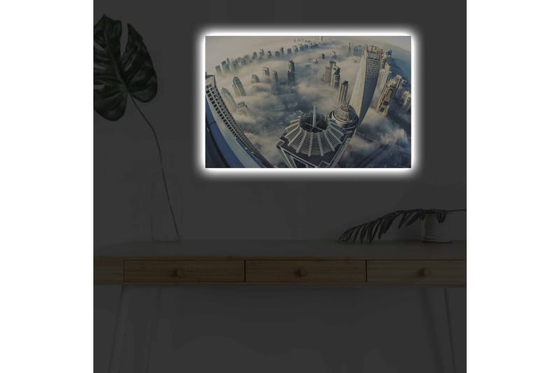 Lerretsbilde med LED-belysning - Futuristisk bybilde med skyskrapere i tåke - Grå / Blå / Hvit - Interiør - Maleri & posters - Lerretsbilder