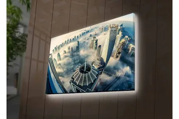 Lerretsbilde med LED-belysning - Futuristisk bybilde med skyskrapere i tåke - Grå / Blå / Hvit - Interiør - Maleri & posters - Lerretsbilder