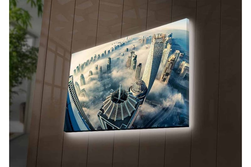 Lerretsbilde med LED-belysning - Futuristisk bybilde med skyskrapere i tåke - Grå / Blå / Hvit - Interiør - Maleri & posters - Lerretsbilder