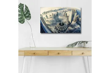 Lerretsbilde med LED-belysning - Futuristisk bybilde med skyskrapere i tåke - Grå / Blå / Hvit - Interiør - Maleri & posters - Lerretsbilder