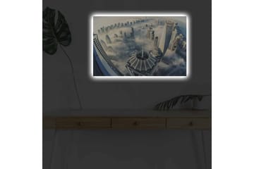 Lerretsbilde med LED-belysning - Futuristisk bybilde med skyskrapere i tåke - Grå / Blå / Hvit - Interiør - Maleri & posters - Lerretsbilder